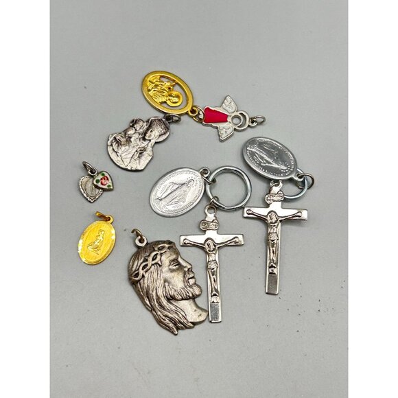 Assorted Vintage Religious Medals Crosses & Charms Lot 10 Pcs Christianity - Picture 2 of 8
